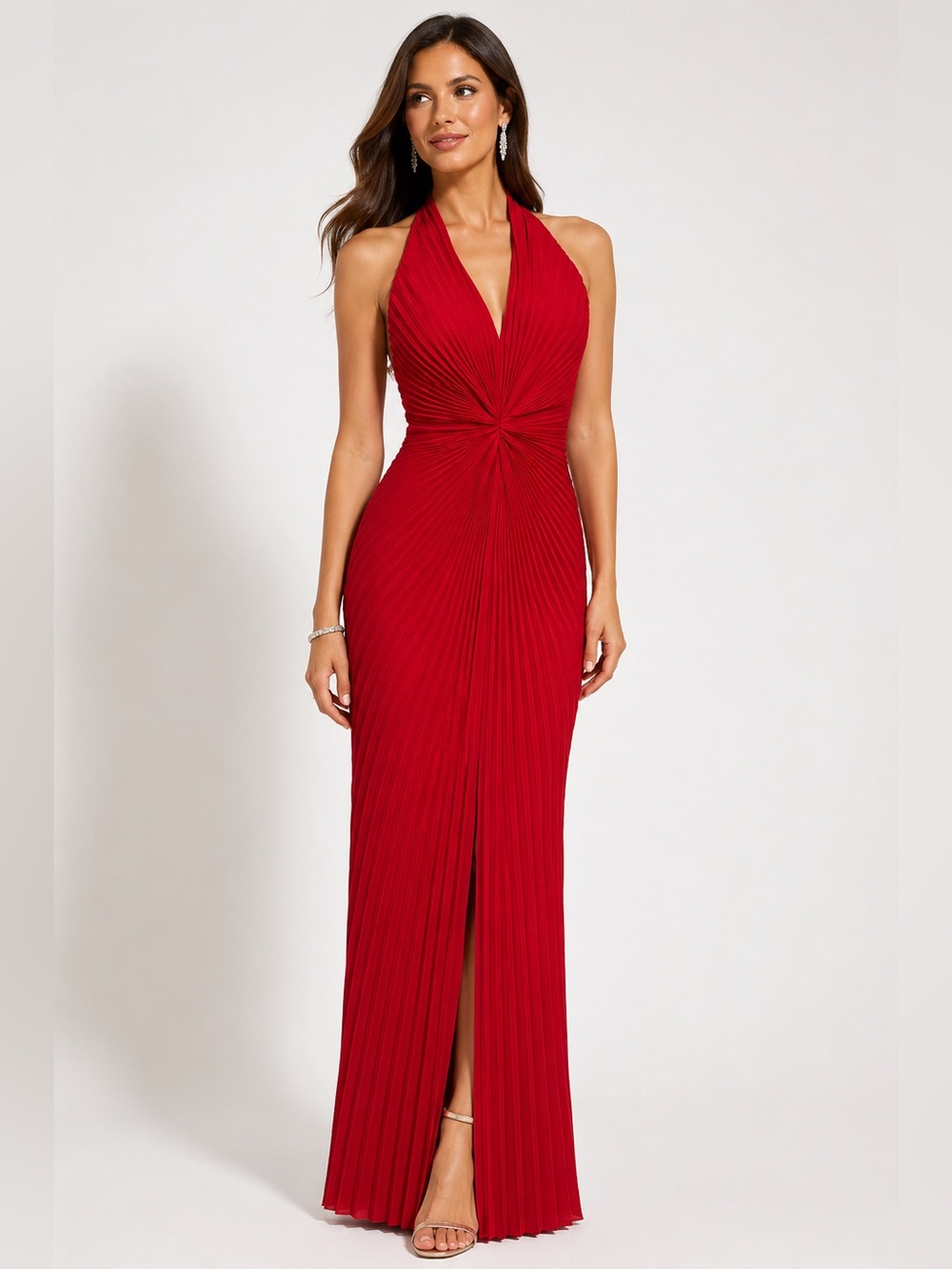 Carmen Marc Valvo Signature Red Pleated Halter Gown Size 8 Silk Lined Dress